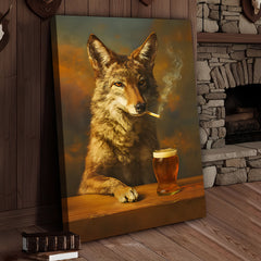 Maxcorners Smoking Wolf Coyote with Cocktail Glasses Canvas – Funny Hunting Wall Art for Man Caves - Hilarious Gift for Outdoorsmen