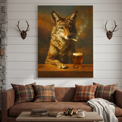 Maxcorners Smoking Wolf Coyote with Cocktail Glasses Canvas – Funny Hunting Wall Art for Man Caves - Hilarious Gift for Outdoorsmen