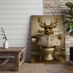 Maxcorners Funny Deer on Toilet Canvas – Hilarious Animal Art Print with SunGlasses and Smoking Reading Newspaper.