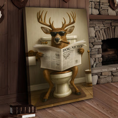 Maxcorners Funny Deer on Toilet Canvas – Hilarious Animal Art Print with SunGlasses and Smoking Reading Newspaper.