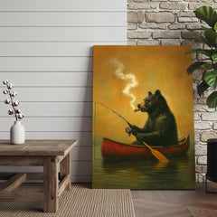 Maxcorners Bear Smoking Fishing Canvas, Funny Lodge Wall Art, Canoe Fishing Rustic Cabin Wall Art