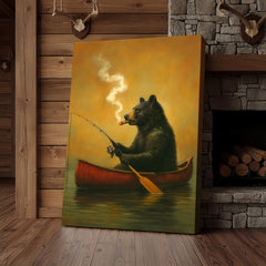 Maxcorners Bear Smoking Fishing Canvas, Funny Lodge Wall Art, Canoe Fishing Rustic Cabin Wall Art