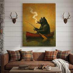 Maxcorners Bear Smoking Fishing Canvas, Funny Lodge Wall Art, Canoe Fishing Rustic Cabin Wall Art