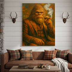 Maxcorners Bigfoot Smoking Canvas, Sasquatch Wall Art Print for Man Cave, Rustic Cabin & Smoking Lounge