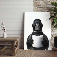 Maxcorners Mallard Duck Canvas Wall Art, Funny Animal Portrait Holding Toilet Paper, Black and White Bathroom Decor Print