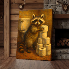 Maxcorners Funny Raccoon Canvas Wall Art – Cute Animal Bathroom Decor with Toilet Paper for Rustic Cabin & Home