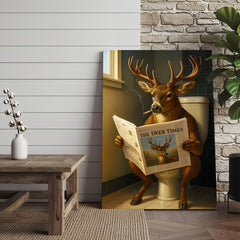 Maxcorners Funny Deer Canvas Wall Art – Buck Reading Newspaper on Toilet – Whitetail Deer Bathroom Humor Hunting Lodge Decor