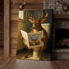 Maxcorners Funny Deer Canvas Wall Art – Buck Reading Newspaper on Toilet – Whitetail Deer Bathroom Humor Hunting Lodge Decor