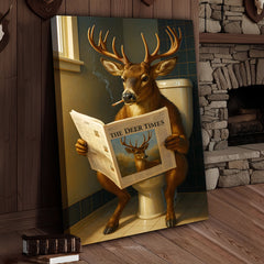 Maxcorners Funny Deer Canvas Wall Art – Buck Reading Newspaper on Toilet – Whitetail Deer Bathroom Humor Hunting Lodge Decor