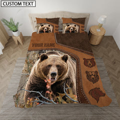 Maxcorners Custom Text Bear Hunting Grass Brown Camo Leather Pattern Bedding Set 3D All Over Printed