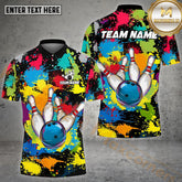 Maxcorners Particolored Bowling & Pins Pattern Multicolor Option Customized Name, Team Name 3D Polo Shirt (4 Colors)