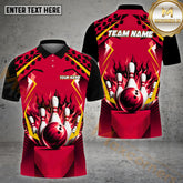 Maxcorners Fire Flash Flame Bowling & Pins Pattern Multicolor Option Customized Name, Team Name 3D Polo Shirt (4 Colors)