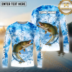 Maxcorners Pike Fishing Blue Fire Sea Effect Pattern Sport Jersey Personalized Name, Team Name Long Sleeve Shirt