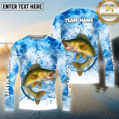 Maxcorners Walleye Fishing Blue Fire Sea Effect Pattern Sport Jersey Personalized Name, Team Name Long Sleeve Shirt