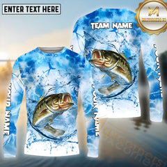 Maxcorners Bass Fishing Blue Fire Sea Effect Pattern Sport Jersey Personalized Name, Team Name Long Sleeve Shirt