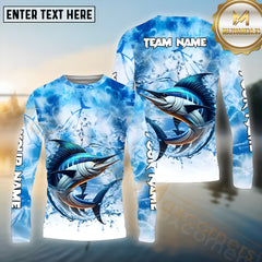 Maxcorners Marlin Fishing Blue Fire Sea Effect Pattern Sport Jersey Personalized Name, Team Name Long Sleeve Shirt