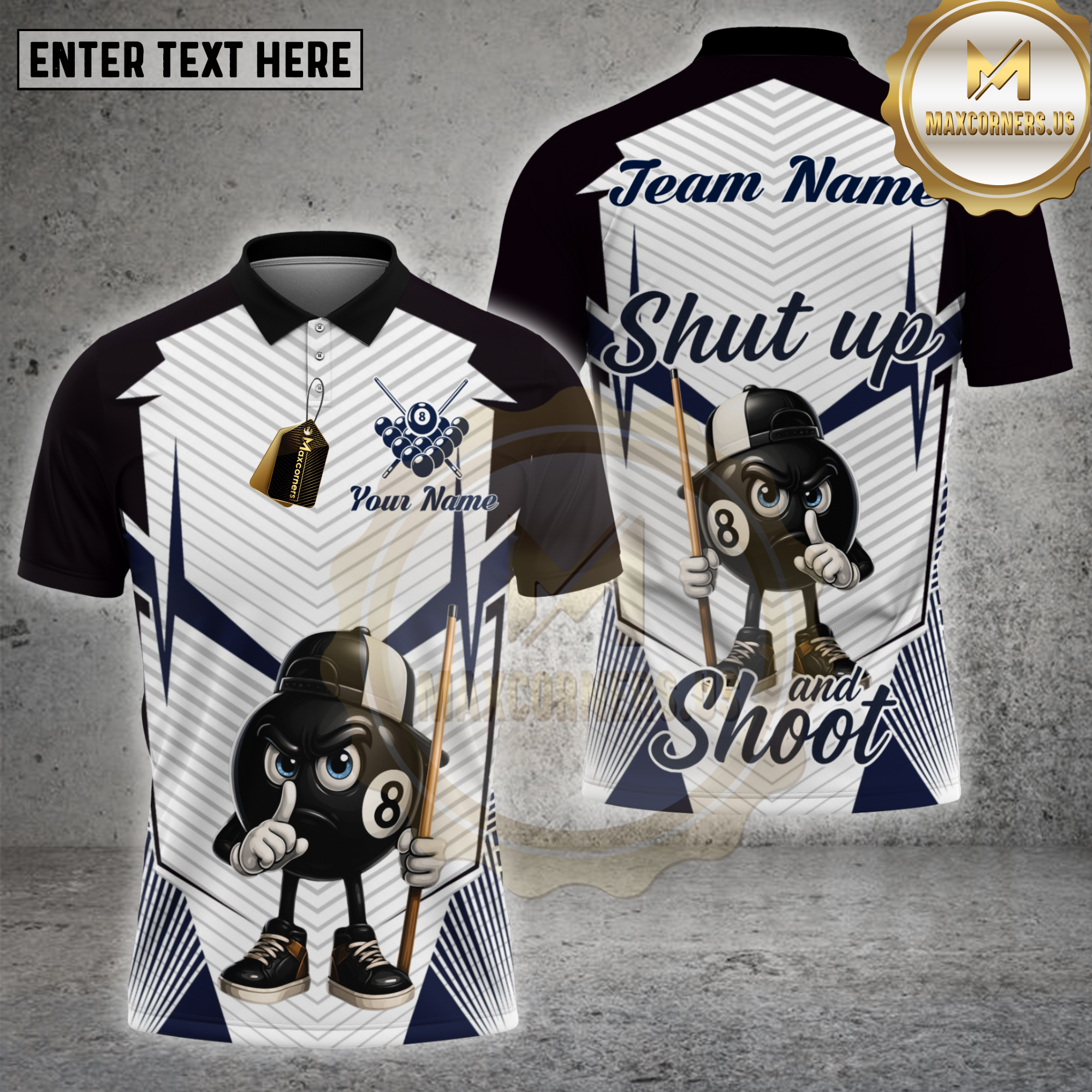 Maxcorners billiards shirt with 8 ball cartoon mascot in cap holding cue, navy and white striped design, Shut Up and Shoot slogan, custom team name and name unisex 3D shirt