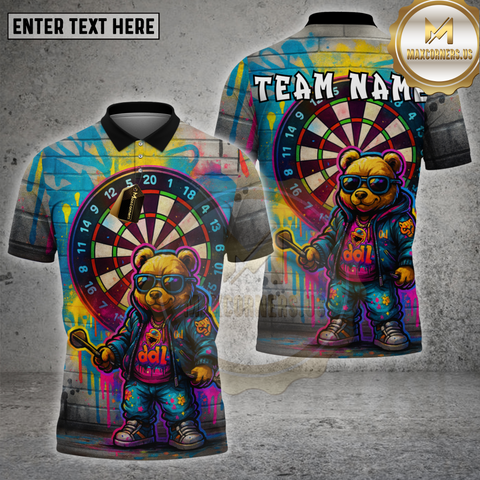 Maxcorners darts shirt with graffiti bear character wearing sunglasses, colorful neon dartboard background, personalized team name and custom text unisex 3D polo shirt