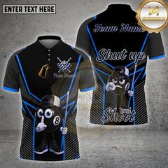 Maxcorners billiards shirt with 8 ball cartoon character holding cue stick, black and orange geometric design, slogan Shut Up and Shoot, personalized team name and name 3D polo shirt