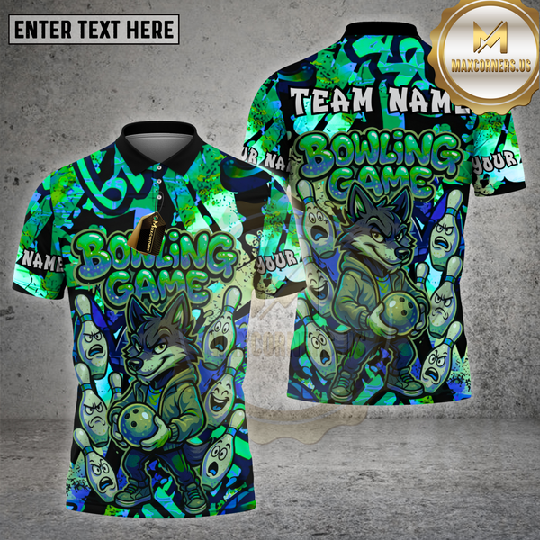 Maxcorners Bowling Shirt Cartoon Wolf vs Angry Pins Multioptions Personalized Name, Team Name Unisex 3D Shirt (4 Colors)