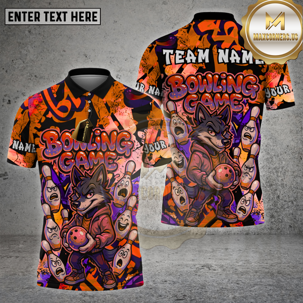 Maxcorners Bowling Shirt Cartoon Wolf vs Angry Pins Multioptions Personalized Name, Team Name Unisex 3D Shirt (4 Colors)