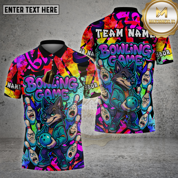 Maxcorners Bowling Shirt Cartoon Wolf vs Angry Pins Multioptions Personalized Name, Team Name Unisex 3D Shirt (4 Colors)