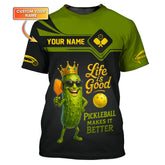 Maxcorners Pickleball Makes Life Better Shirt Custom Name, Funny Pickle Character Sport Tee, Great Gift for Pickleball Players LM0509