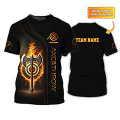 Maxcorners Custom Black Axe Throwing Team Shirt β Flaming Target & Battle Axe Design β Personalized Jersey for Axe Throwing Leagues & Events MT2009