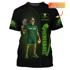 Maxcorners Custom Black Green Pickleball Shirt – Skeleton Player Design, Funny Gift for Pickleball Fans