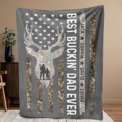 Maxcorners Personalized Hunting Dad Blanket, Custom Kids Names Soft Cozy Sherpa Fleece Throw Blankets, Deer Blanket, Fathers Day Gift for Dad, Grandpa | Gray LM1711