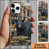 Maxcorners Rustic American Flag Woodland Branches Bear Hunting Premium Personalized Name Phone Case