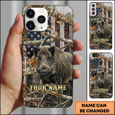 Maxcorners Rustic American Flag Woodland Branches Boar Hunting Premium Personalized Name Phone Case