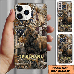 Maxcorners Rustic American Flag Woodland Branches Moose Hunting Premium Personalized Name Phone Case