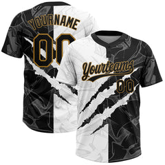 Maxcorners Custom Graffiti Pattern Black-Old Gold 3D Two-Button Unisex Softball Jersey LM0609