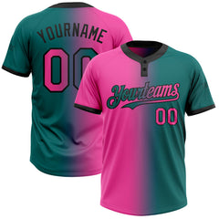 Maxcorners Custom Teal Pink-Black Gradient Fashion Two-Button Unisex Softball Jersey LM0609