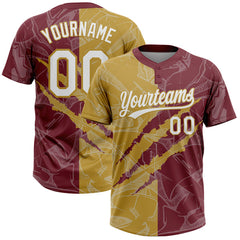 Maxcorners Custom Graffiti Pattern White Burgundy-Old Gold 3D Scratch Two-Button Unisex Softball Jersey LM0609