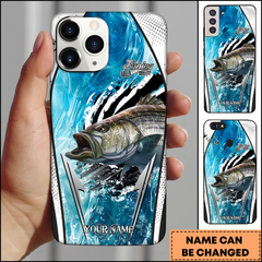 Maxcorners Striped Bass Fishing Modern Water Art Fishing Makes Me Happy Personalized Name Phone Case