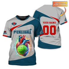 Maxcorners Custom Name & Number Design Pickleball 3D T-Shirts Heartbeat, Pickleball Polo Shirt, Gift For Pickleball Player