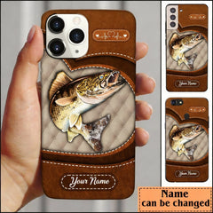 Maxcorners Walleye Fish Heart Leather Pattern Personalized Name Phone Case LM1812