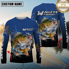 Maxcorners Walleye Fishing Jumping Fish Splash Effect Personalized Name 3D Long Sleeve Shirt