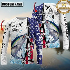 Maxcorners Tuna Fishing American Flag Splash Personalized Name, Team Name 3D Long Sleeve Shirt
