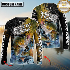 Maxcorners Walleye Fishing Jumping Fish 3D Printed Personalized Name, Team Name Long Sleeve Fishing Jersey