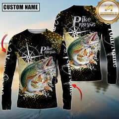 Maxcorners Pike Fishing Compass Splash 3D Personalized Name, Team Name Long Sleeve Shirt