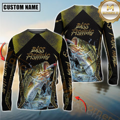 Maxcorners Golden Bass Fishing Shirt Jumping Fish Design Personalized Name, Team Name 3D Long Sleeve Shirt
