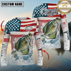 Maxcorners Crappie Fishing American Flag Splash Design Personalized Name, Team Name 3D Long Sleeve Shirt