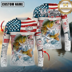 Maxcorners Walleye Fishing American Flag Splash Design Personalized Name, Team Name 3D Long Sleeve Shirt