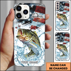 Maxcorners Large Mouth Bass Fishing American Flag Splash Art Personalized Name Phone Case