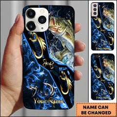Maxcorners Large Mouth Bass Fishing Tribal Gold Blue Flame Personalized Name Phone Case