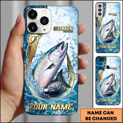 Maxcorners Salmon Fishing Jumping Salmon Hook Design Ocean Water Splash Art Personalized Name Phone Case