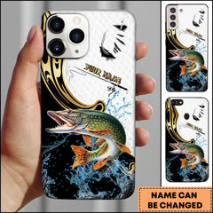 Maxcorners Pike Fishing Tribal Curve Black White Splash Personalized Name Phone Case